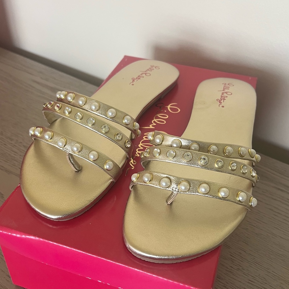 Lilly Pulitzer Gold Tabby Sandals with Pearl Accents, Size 10